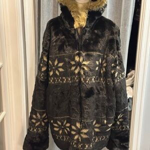 Women's Black and Cream Faux Fur Jacket